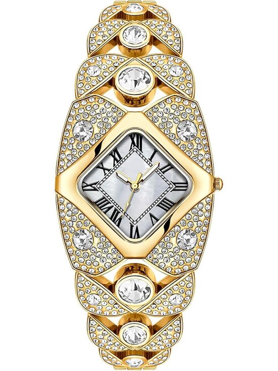 Accessories - Women's Gold White Rhombic Square Rhinestone Bracelet Roman Numerals Dial Watch